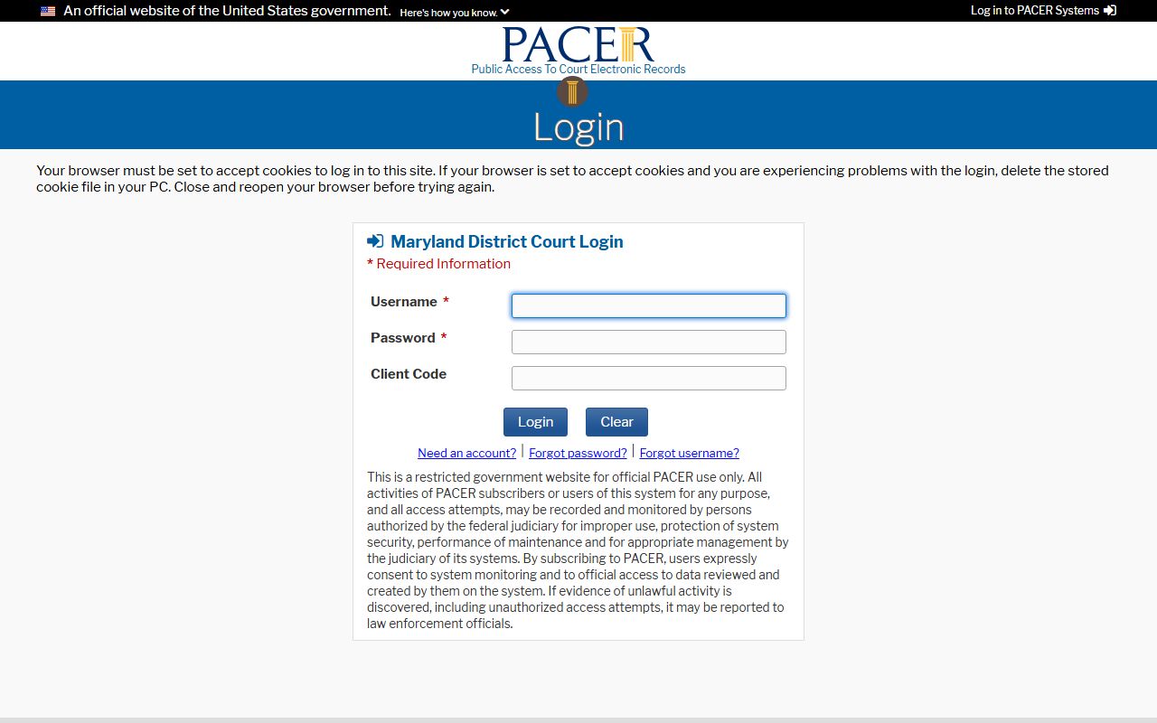 Talbot County court dockets District of Maryland CM ECF login