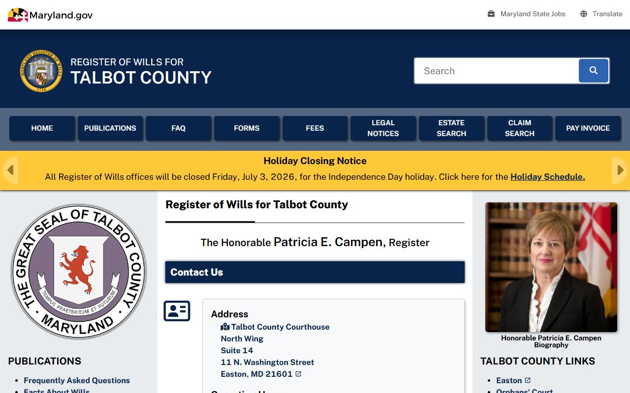 Talbot County court records and Register of Wills contact page