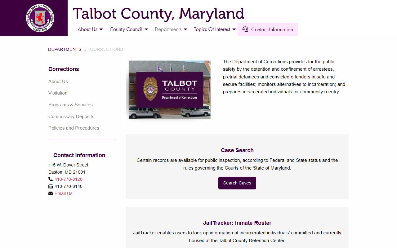Talbot County court records and corrections department page