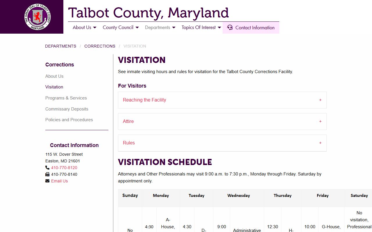 Talbot County inmate records corrections visitation page