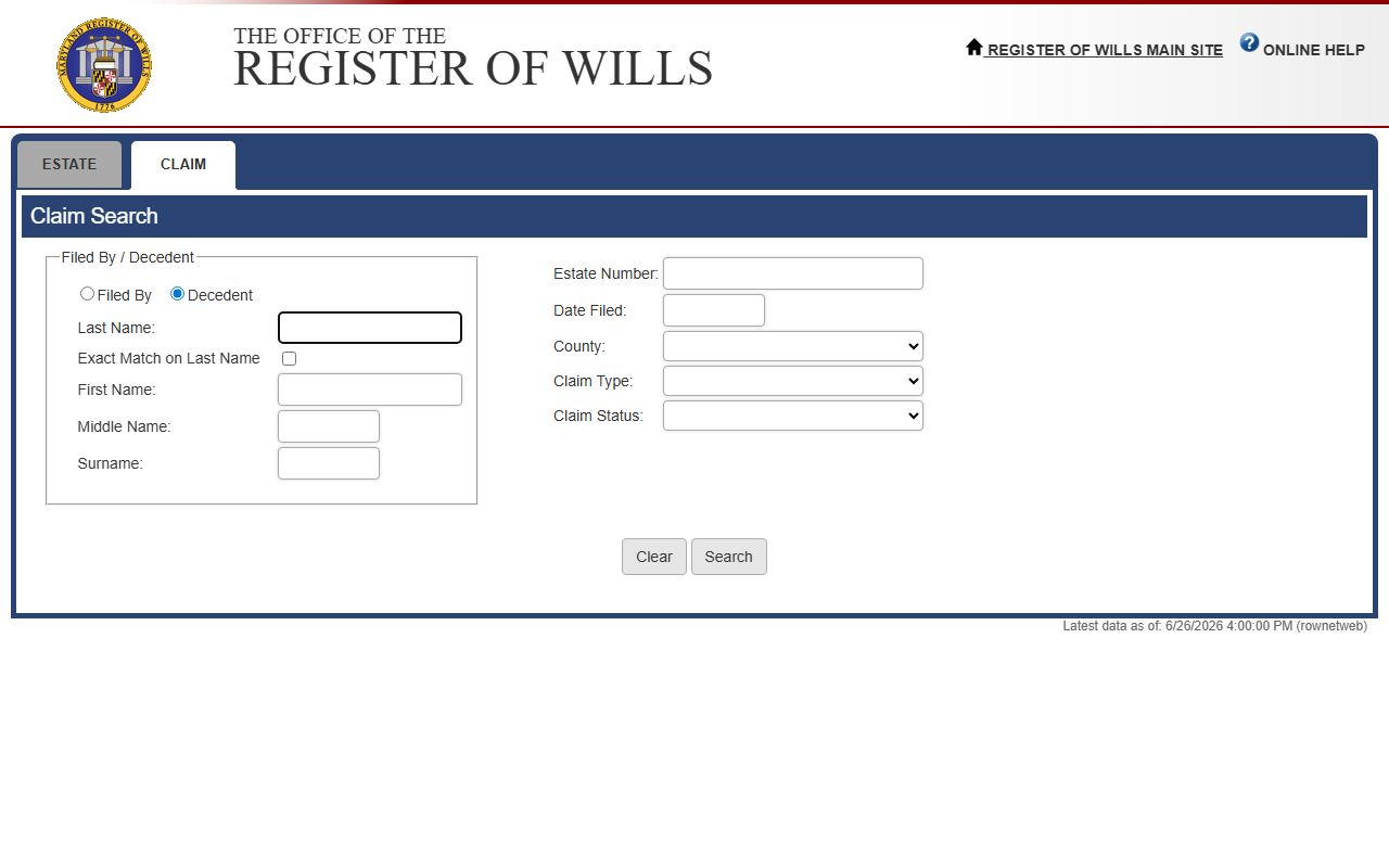 Talbot County probate records Claim Search form