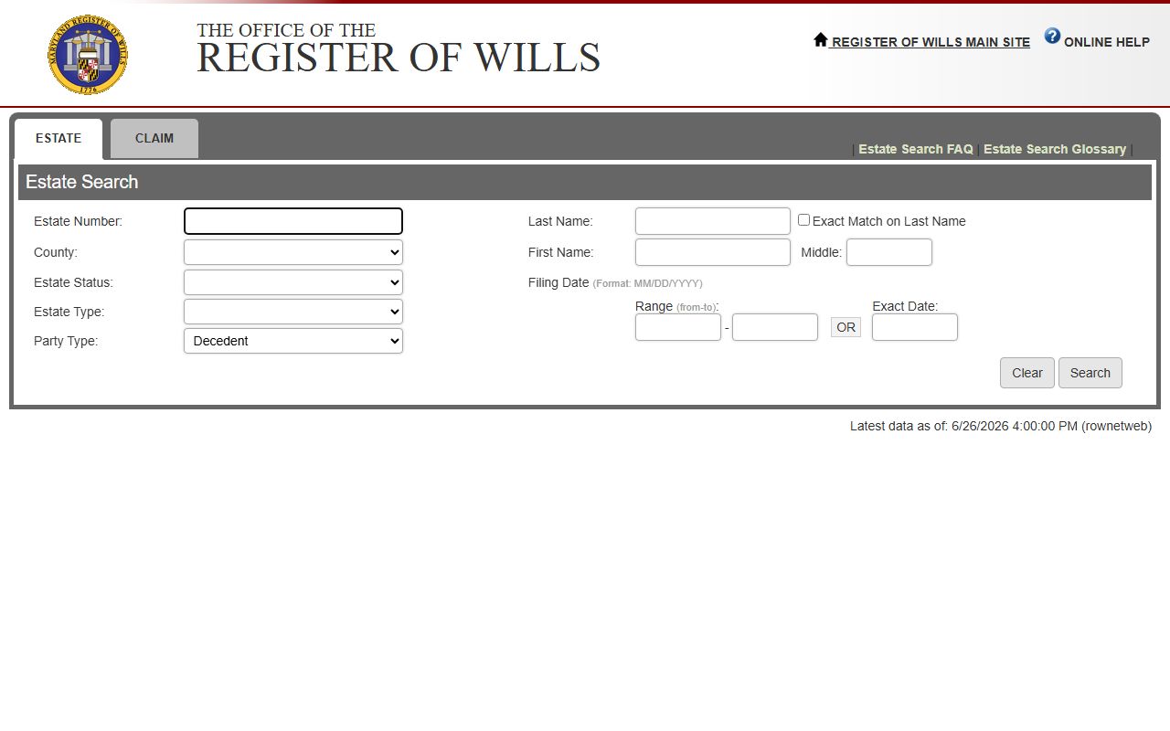 Talbot County probate records Estate Search form