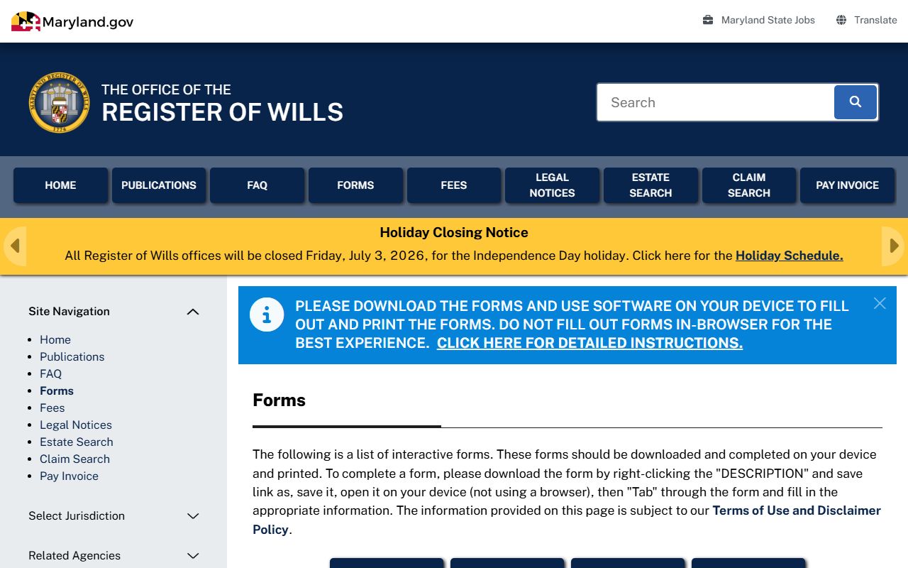 Talbot County probate records Register of Wills forms page