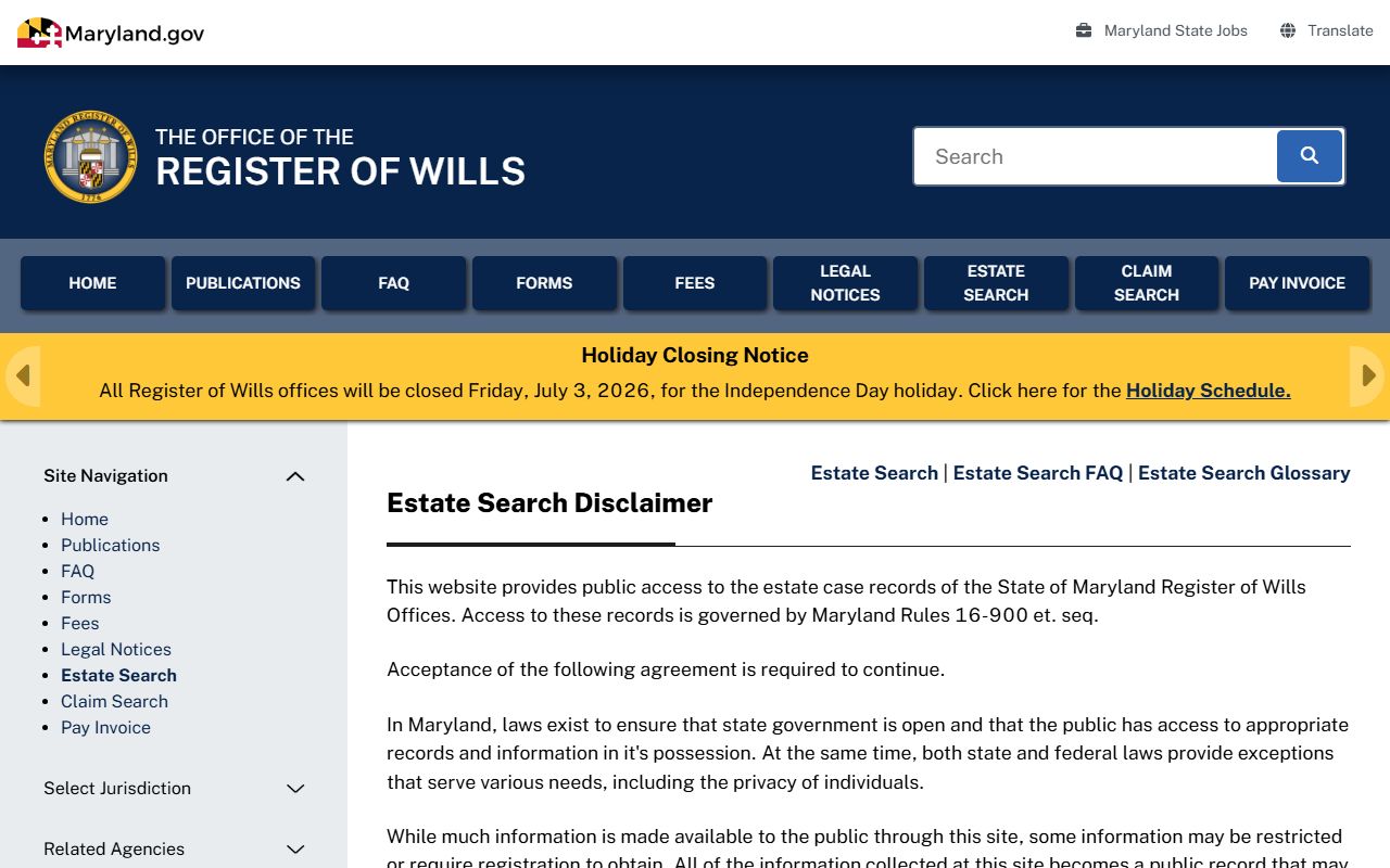Talbot County probate records Register of Wills search page