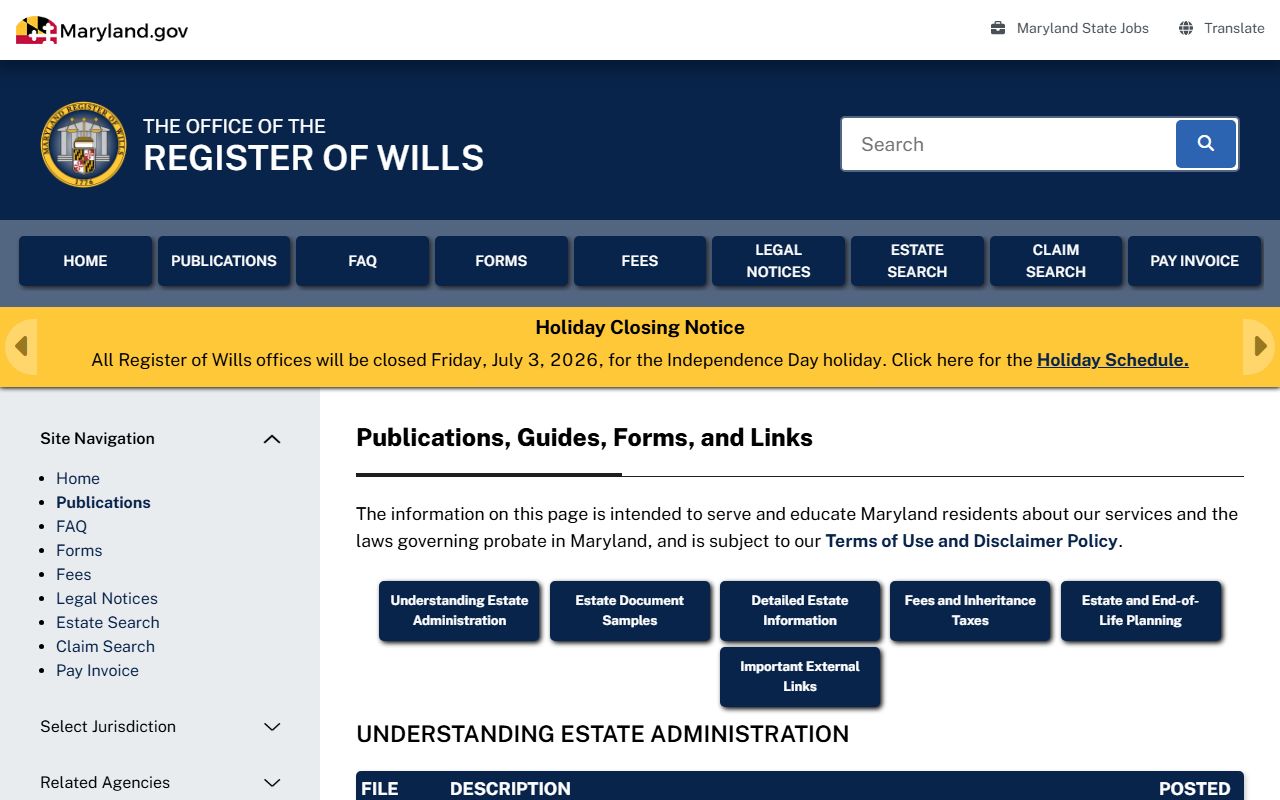 Talbot County probate records Register of Wills publications page